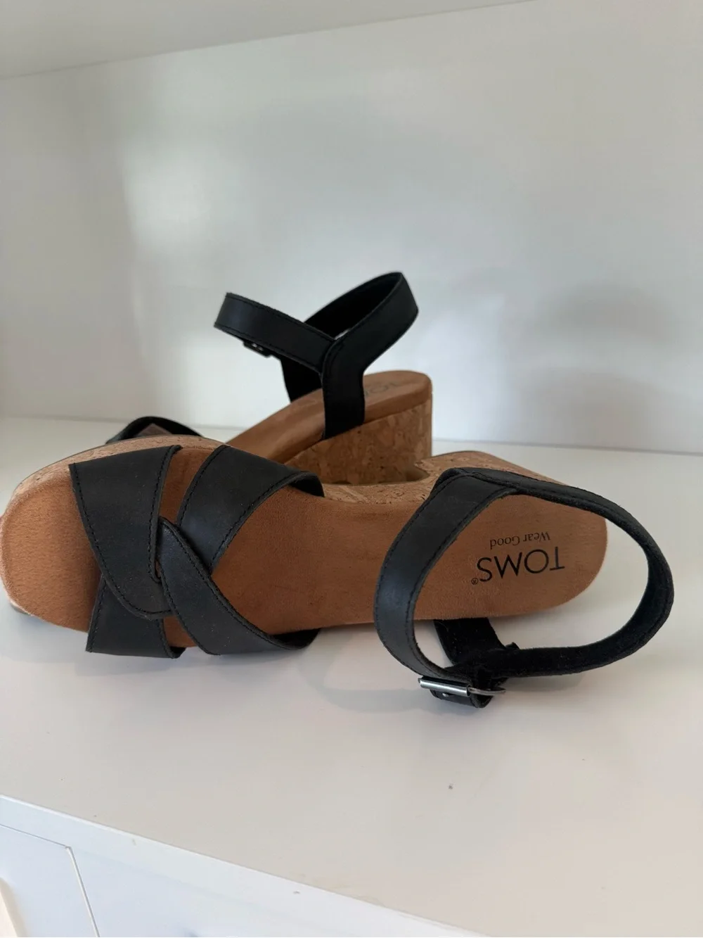 Toms Black Leather Crisscross Wedge Sandals